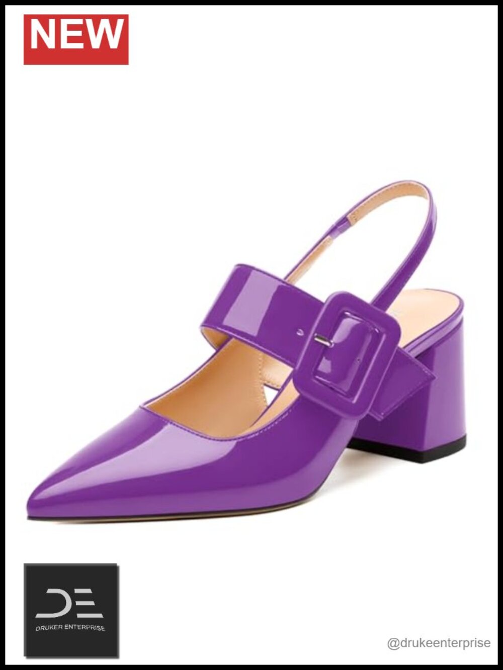 Women's Pointed Toe Pumps 2.55" Chunky Mid Heel Slingback Adjustable Buckle